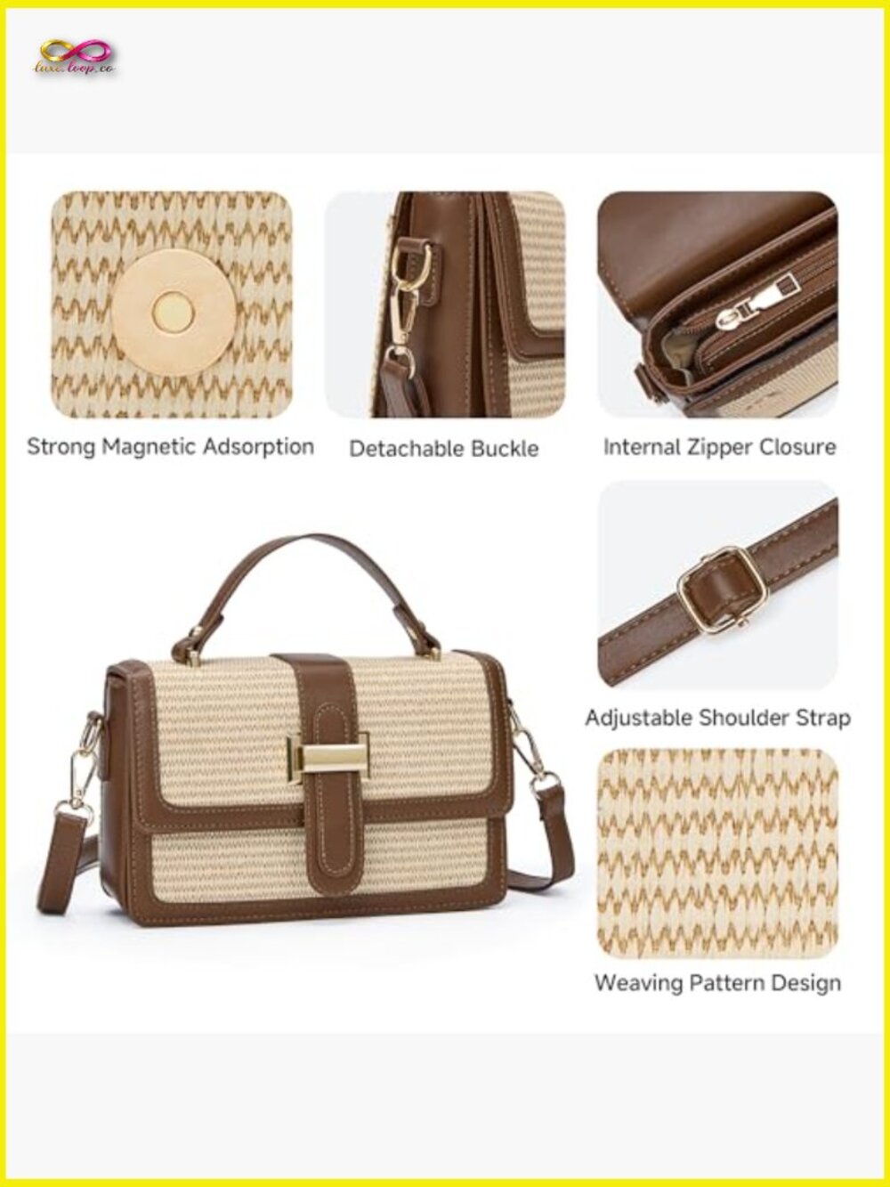 Straw Crossbody Purse for Women Summer Leather Shoulder Bag Woven Tote - Picture 5 of 7